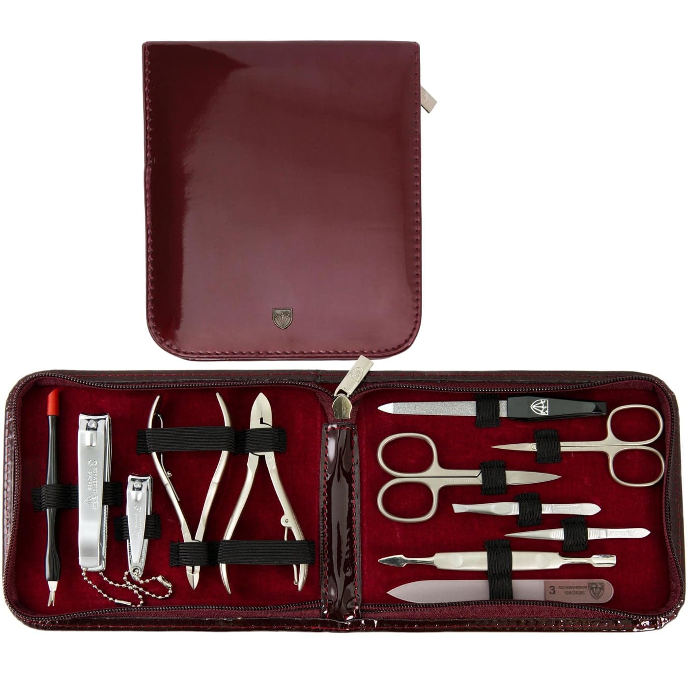 3 Swords Germany brand quality 12 piece manicure pedicure grooming kit set for professional finger toe nail care with burgundy synthetic leather case Made in Germany