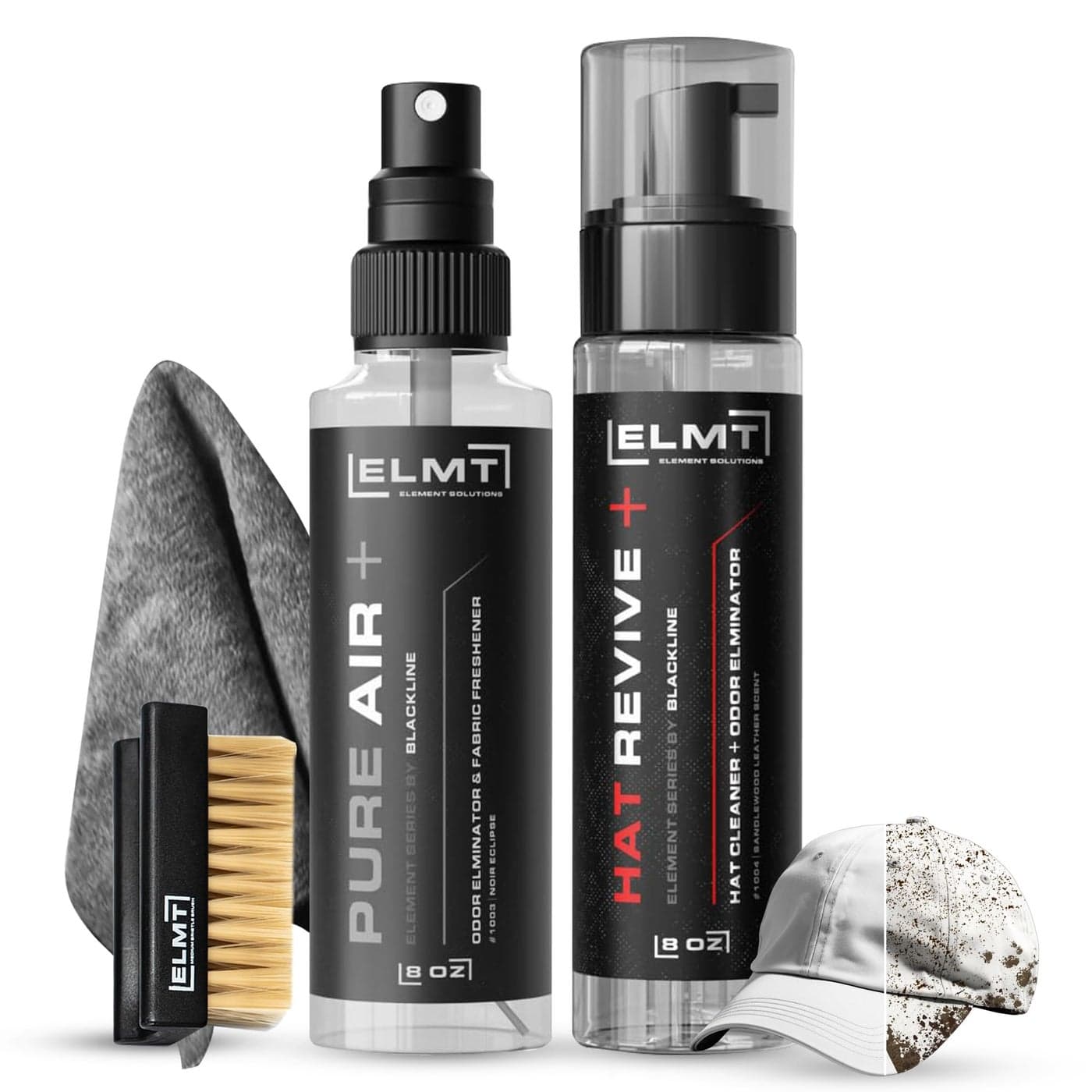 Blackline ELMT Hat Cleaning Kit - 8oz Solution, Deodorizer, Towel, Brush - Quick-Drying Solution that Cleans 50+ Hats - For ALL Hat Types: Cotton, Wool, Felt, Canvas, Nylon & More
