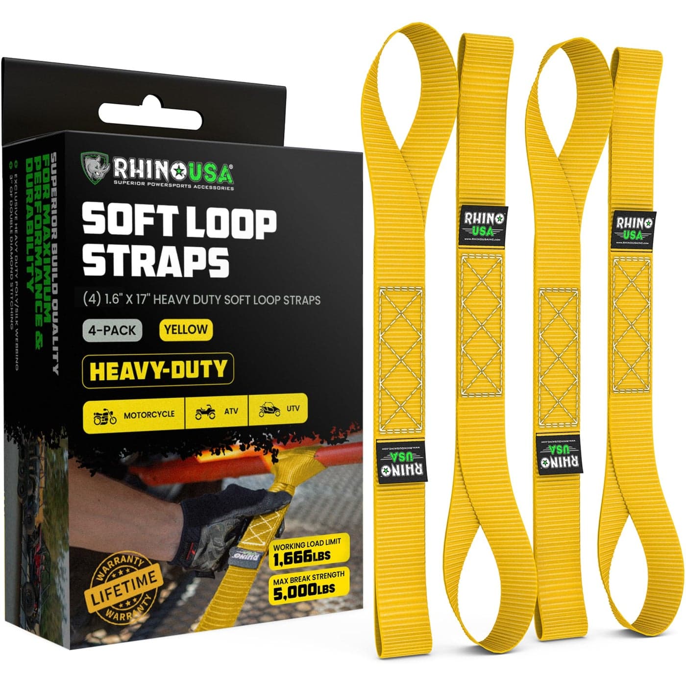 Rhino USA Soft Loop Tie Down Straps 4Pack 16 Inch x 17 Inch 5000 lbs Break Strength Heavy Duty Motorcycle Handlebar Straps for use with Ratchets for ATV UTV Dirt Bike Yellow