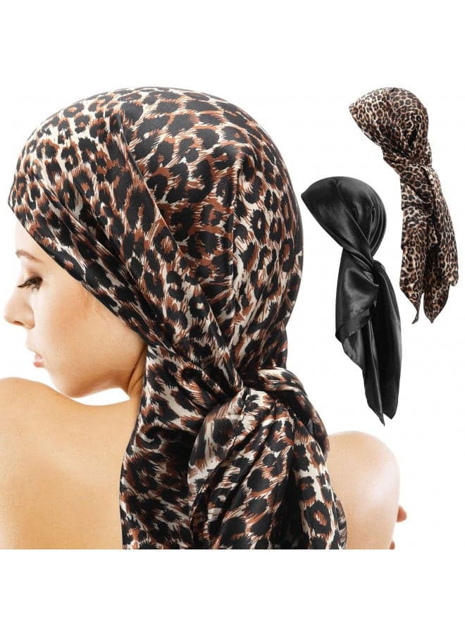 SATINIOR 35 Inch Silk Head Scarf 2 Pcs Large Square Neck Scarf Sleeping Hair Wrapping Satin Scarf for Women (Black, Leopard Print)