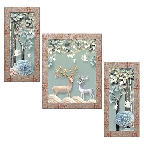 Indianara Set of 3 Deers Framed Art Painting (4064MR) without glass 6 X 13, 10.2 X 13, 6 X 13 Inch, (Multicolor)