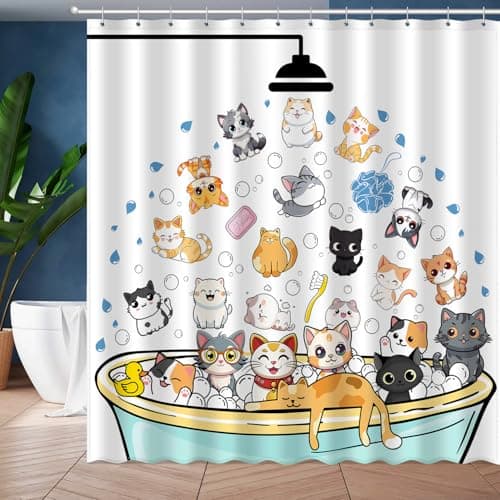 JWXCBIM Cute Cat Shower Curtain Set, Funny Cartoon Kids Home Bathroom Decor Polyester Waterproof Fabric Bath Curtain with 12 Hooks 72x72 Inches
