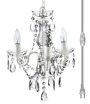 gypsy color The Original Brink House Plug-in 3 Light Crystal White Hanging Swag Chandelier H17”xW12”, White Metal Frame with Clear Glass Stem and Acrylic Crystals