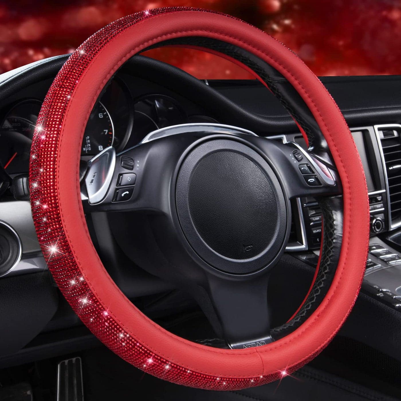 CAR PASS Bling Diamond Leather Steering Wheel Cover with Bling Sparkly Crystal Glitter Rhinestones Universal Fit 14 1215 Car Wheel Protect for Women Girl Fit SuvsVansSedansCarsTrucks Red