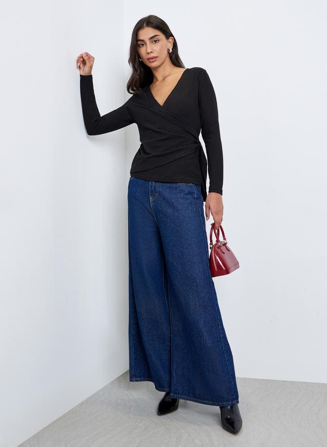 Styli Black Ribbed Wrap Top with Tie Detail — L