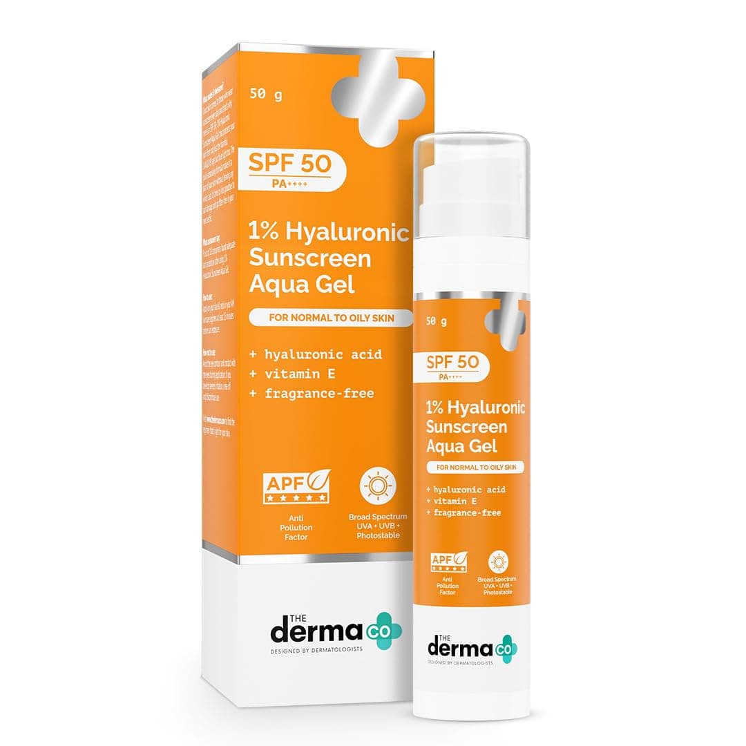 The Derma Co 1 Hyaluronic Sunscreen Aqua Gel with SPF 50 PA Broad Spectrum UVAB Blue Light Protection Lightweight Quick Absorbing with Vitamin E 176 Oz50g