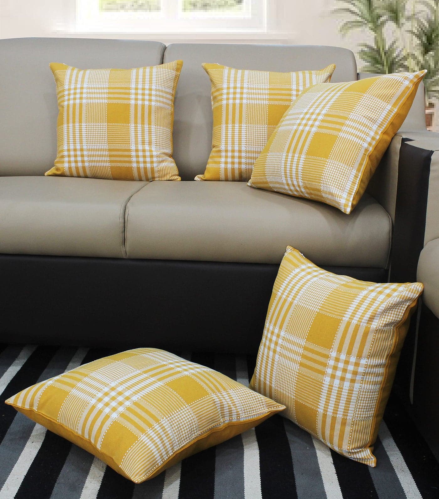 AIRWILL Cotton Gingham Check Yellow Themed Cushion Covers for Cushions & Pillows (Yellow & White, Pack of 5)