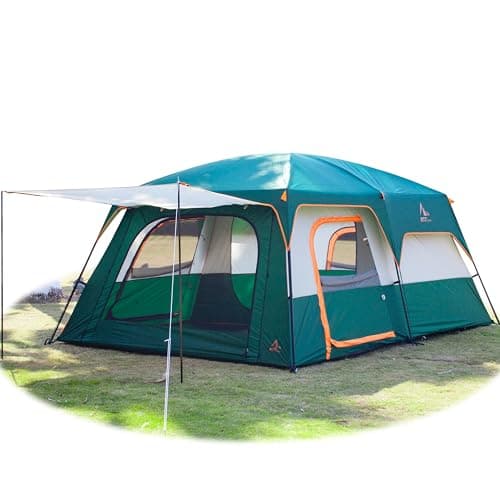 KTT Extra Large Tent 12 Person,Family Cabin Tents,2 Rooms,3 Doors and 3 Windows with Mesh,Straight Wall,Waterproof,Double Layer,Big Tent for Outdoor,Picnic,Camping,Family Gathering(Green)