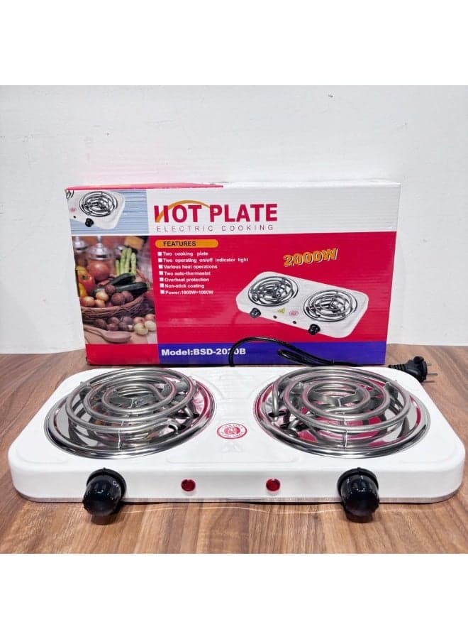 Double Electric Hot Plate Cooker with 2000W Power, Dual Coil Heating Elements, Adjustable Thermostat, Portable Countertop Stove, Safe Overheat Protection, Durable Metal Body for Home, Apartment, Outdoor & Emergency Cooking