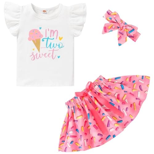Viworld Toddler Baby Girl Clothes Two Sweet Birthday Outfit Short Sleeve Ruffle Top +Donut Skirts 2nd Birthday Outfits girl 3Pcs