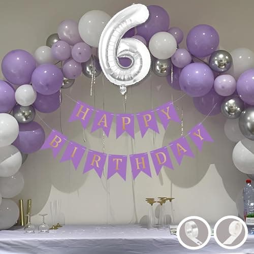 Flyloons 6th Birthday Decoration Items Purple and White Theme Combination for Boys Girls Kids | 30 Pcs Purple White Silver Color Balloons | Purple Happy Birthday Banner | Arch Tape | Glue Dots