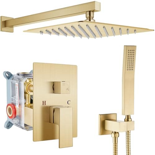 gotonovo Rainfall Bathroom Shower System Rain Shower Head and Handle Set Wall Mounted Shower Complete Combo Solid Brass Pressure Balancing Shower Mixer Valve 12 Inch Brushed Gold