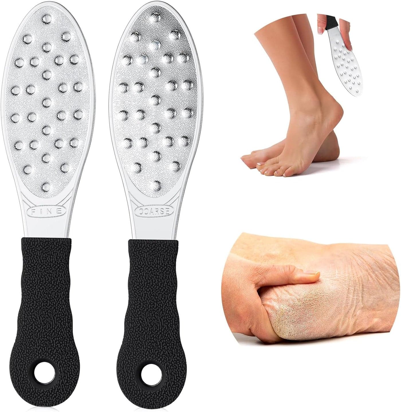 2 Pcs Stainless Steel Foot Scraper Metal Foot File Double Sided Foot File Callus Remover Professional Foot Rasp Scrubber for Wet or Dry Skin Easy to Clean Pedicure Tool Heel Black