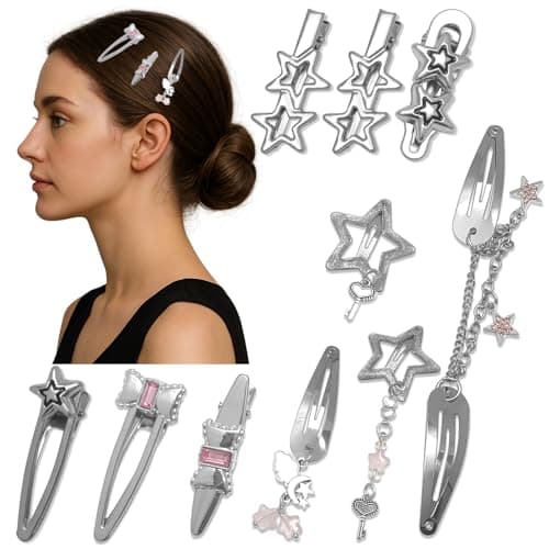 Nalefow 1050PCS Star Hair Clips Cute Silver Metal Hair Clips for Women Y2K Snap Hair Barrettes Non Slip Fashion Star Hair Accessories Pink 10PCS