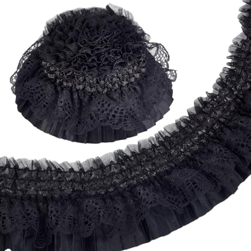 AHANDMAKER 55 Yards Gorgeous Elastic Ruffle Trim 3 Inch Wide Double Layer Pleated Lace Ribbon Wave Edge Lace Trim for Sewing Making Craft Party Birthday Dress Cloth DIY Supplies Black