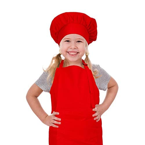 CRJHNS Kids Apron and Chef Hat Set, Adjustable Cotton Child Aprons with Large Pocket Red Girls Boys Kitchen Bib Aprons for Cooking Baking Painting