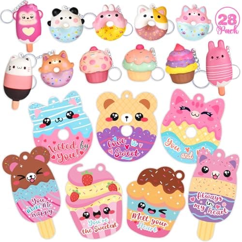 Toidgy 28 Pack Valentines Day Gifts for Kids Valentines Cards for Kids Classroom Exchange Gift with Dessert Squishy Toys Keychains Valentines Party Favors and Prizes for Boys Girls