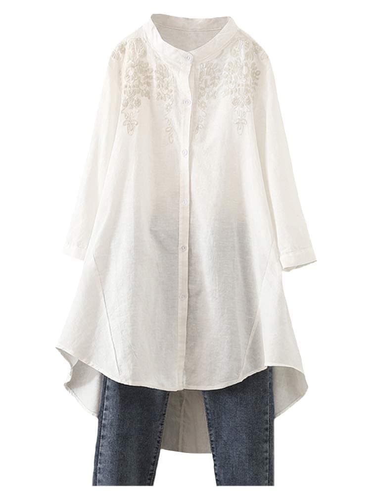 Minibee Women's Cotton Linen Shirt High Low Button Down Embroidered Blouse Long Sleeve Tunic Tops