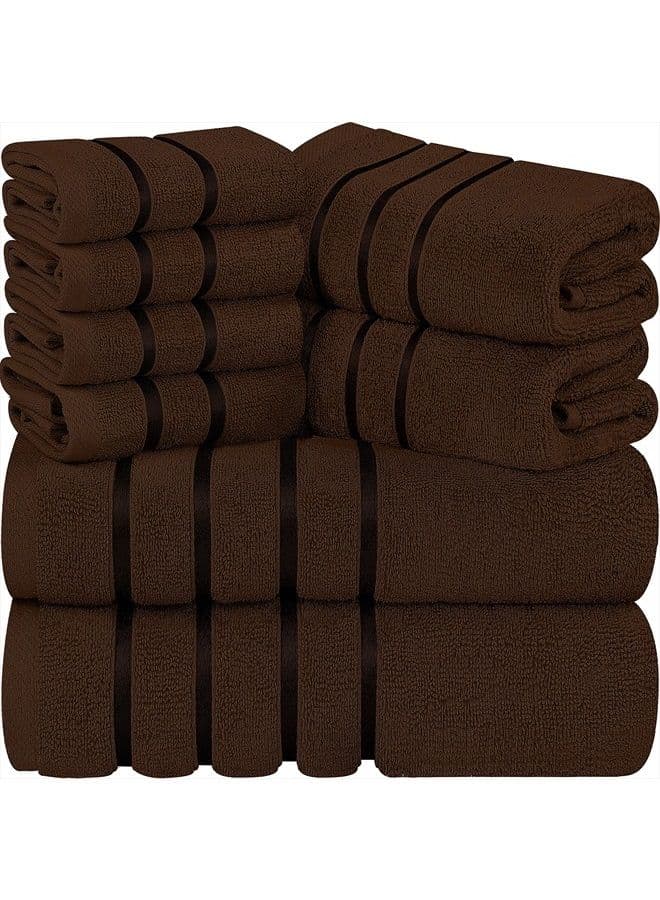 8-Piece Luxury Towel Set, 2 Bath Towels, 2 Hand Towels, and 4 Wash Cloths, 600 GSM 100% Ring Spun Cotton Highly Absorbent Viscose Stripe Towels Ideal for Everyday use (Dark Brown)