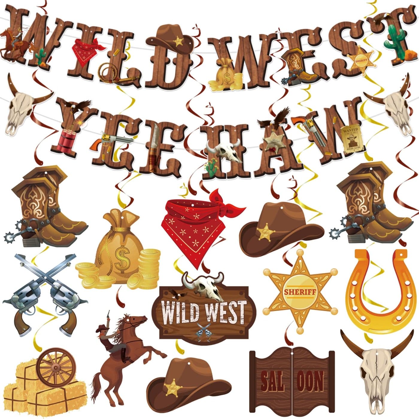 26 Pieces Western Party Decorations West Cowboy Banners Hanging Swirls Wild West Banners Yee Haw Ceiling Streamers for Boys Birthday Western Baby Shower Party Decor