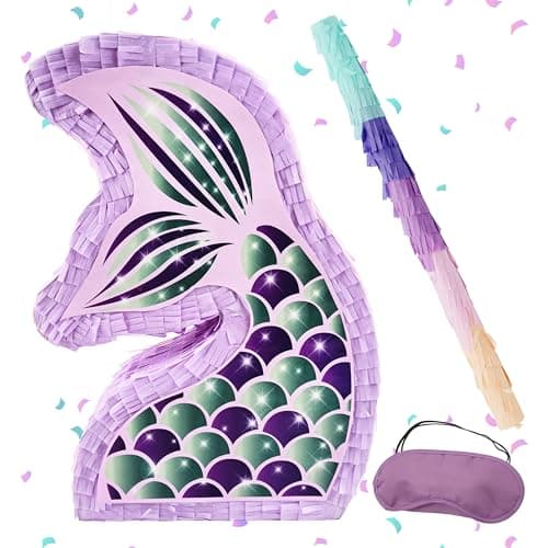 4Es Novelty Mermaid Pinata With Bat Blindfold for Mermaid Birthday Party Decorations Supplies for Kids Girls Under the Sea Mermaid Ocean Theme Birthday Party Game Activity Mermaid Decor