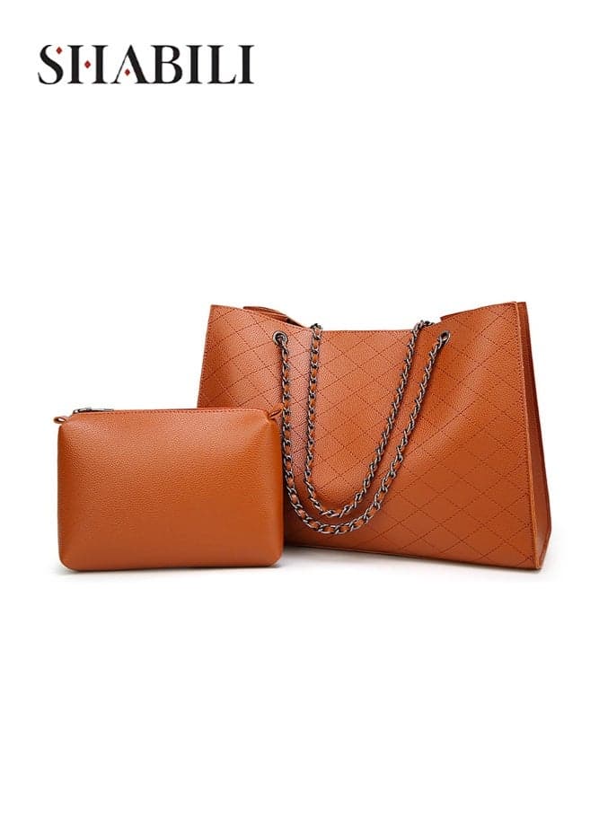 Women's Structured PU Leather Tote Bags Handbag, Ladies Bag Shoulder Bag Office Bag Carry Bag with Quilted Texture Chain Strap and Inner Pouch, for Daily Work Commute Shopping Travel Use (Brown)
