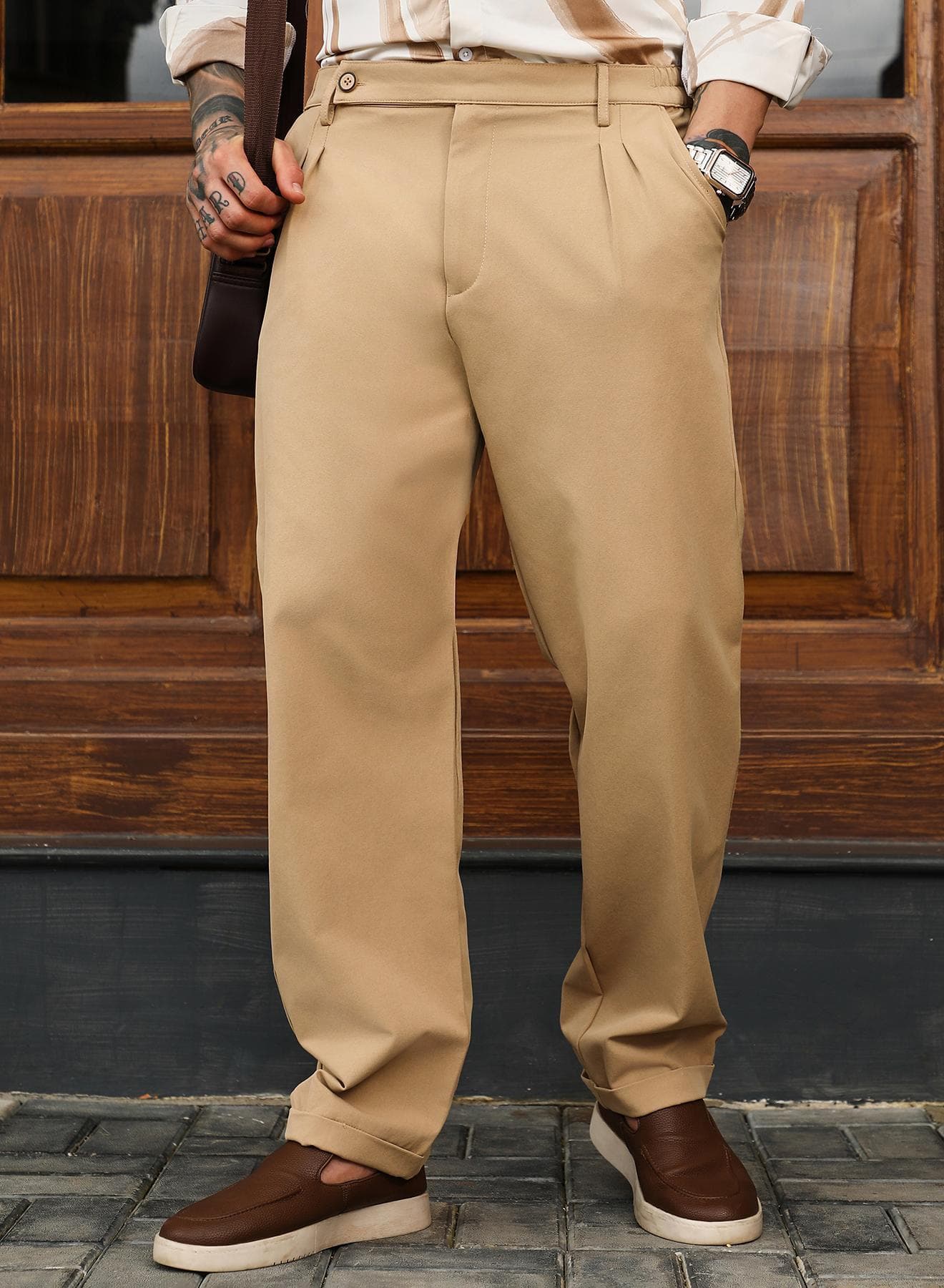 Men's Khaki Brown Extended-Waistband Pleated Trousers | Mid-Rise , Cuffed Hem , Button Closure , Tailored -Fit | Solid Plain | Polyester Blend Trouser For Casual Wear