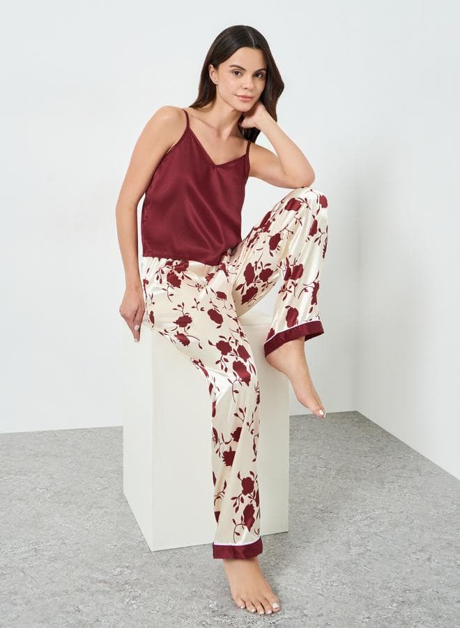Burgundy Solid Cami and Floral Print Pyjama Set