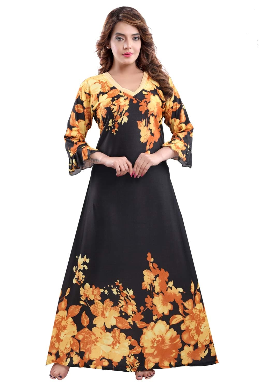 Fabme Women's Satin Floor Length Casual Nightgown (NW0252_Black, Orange_Medium)
