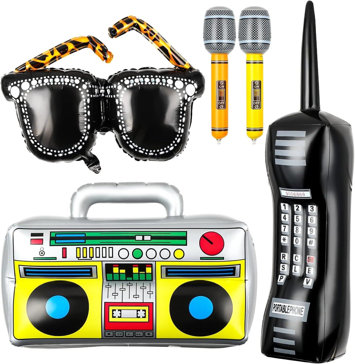 Leitee 5Piece PVC 80s 90s Party Set Inflatable Microphones Boombox Mobile Phone Glasses Disco Birthday Decorations for Teenagers