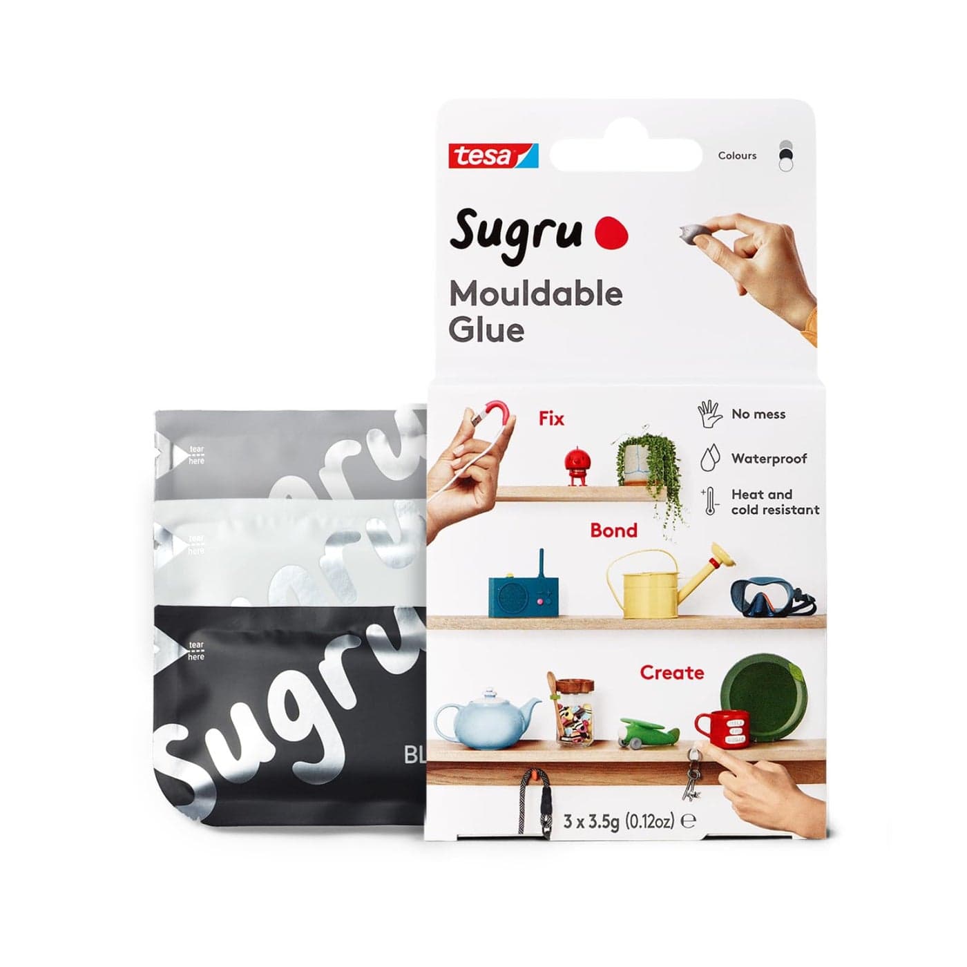 Tesa Sugru Super Glue - Waterproof Glue for Home Improvement + Craft Glue Tasks - Use as Wood Glue, Poster Putty or Silicone Adhesive for Repairing + Bonding - 3 Pack - Black, White + Grey (3.5g/ea)