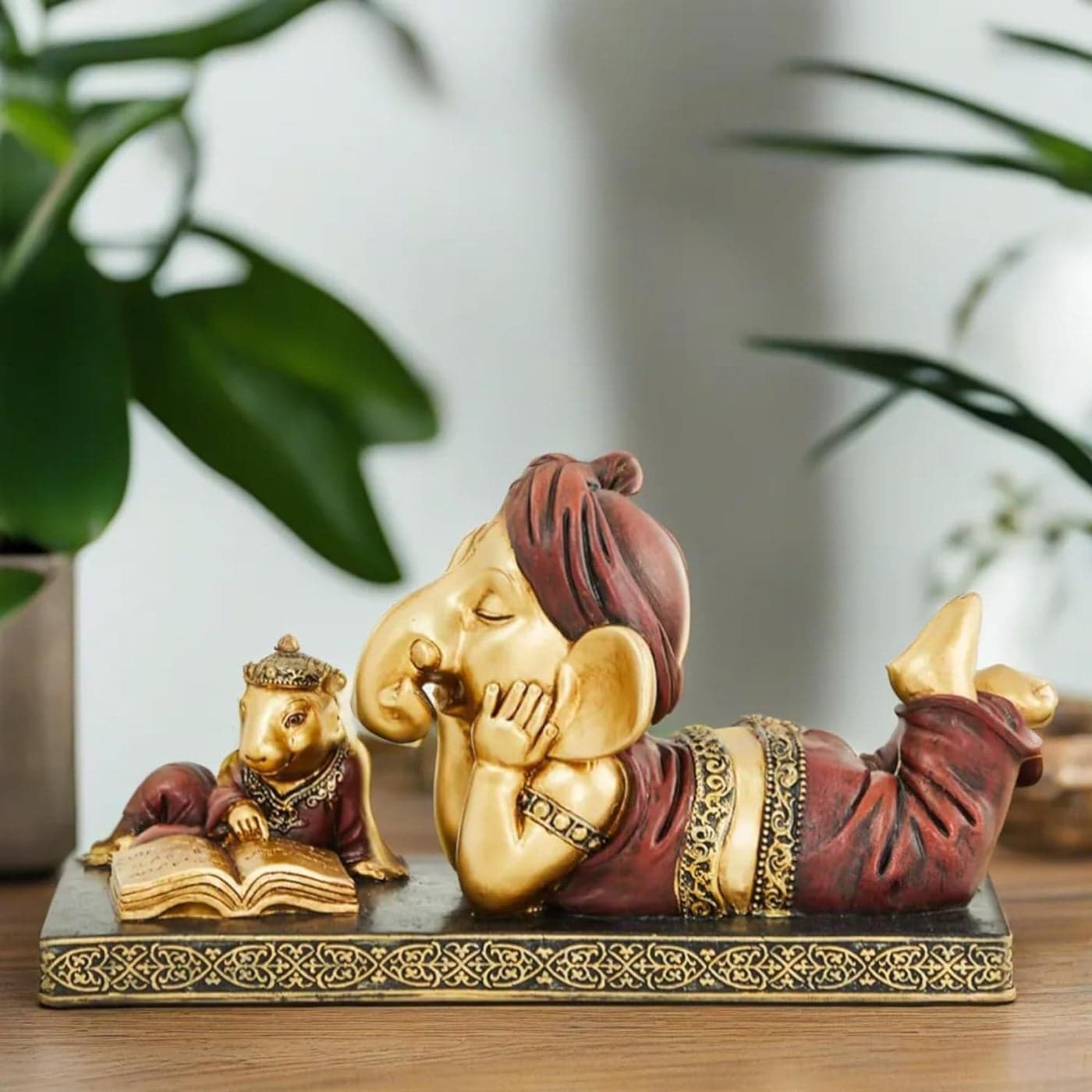 Karigaari India Lord Ganesha Reading Book with Mouse Ganeshji Murti Idol Decorative Religious Showpiece for Home Decor Pooja Room Temple House Warming Gift