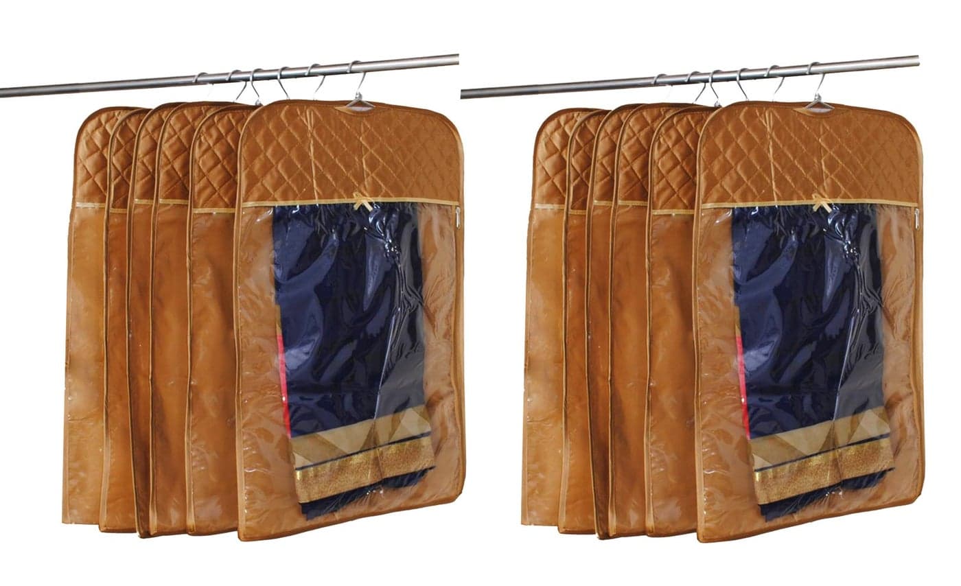 atorakushon® Satin Hanging Saree Cover Garments Wedding Wardrobe Organizer Pack of 12 (Golden)