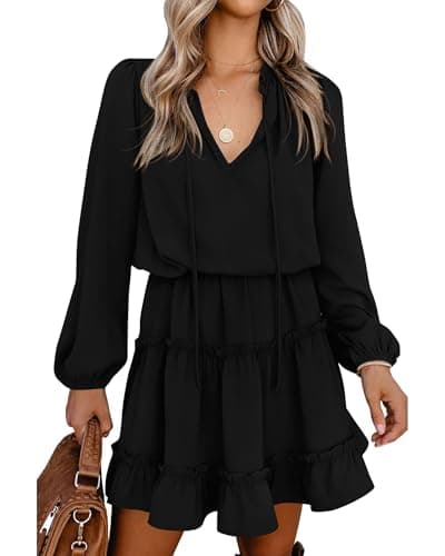 BTFBM Long Sleeve Summer Dresses for Women 2026 Casual Tie Neck Ruffle Tiered A Line Mini Spring Wedding Guest Dress(Long Sleeve Black, Small)