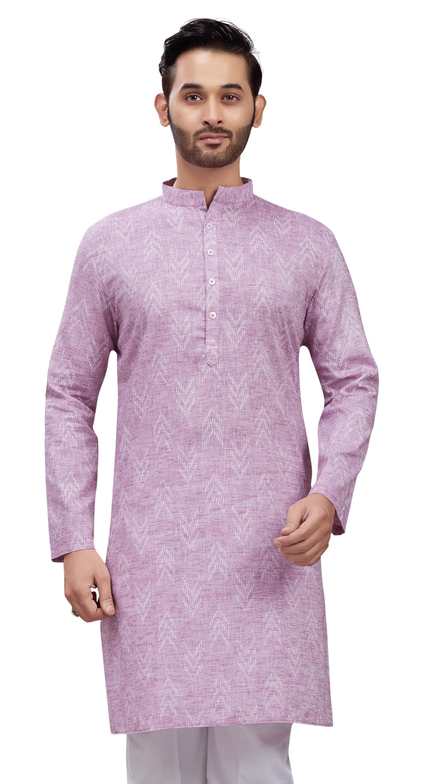 Studio Shringaar Men's Cotton Blend Relaxed Fit Ikat Printed Knee Length Kurta (Onion, Small)