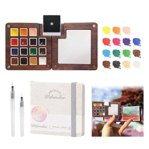 Mini Paint Palette Travel Kit Mini Travel Watercolor Palette Set Pocket Artist Water Color Travel Set with Colours Binder Clips Watercolor Pens Wooden Paint Box for Painters Artists Students