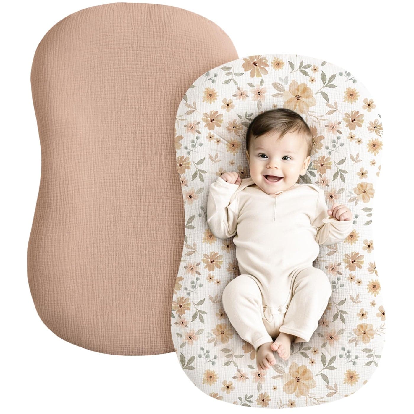 Konssy Muslin Baby Lounger Cover 2 Pack 100 Cotton Newborn Lounger Cover Soft and Breathable Baby Nest Slipcover for Boys Girls Peach Flowers