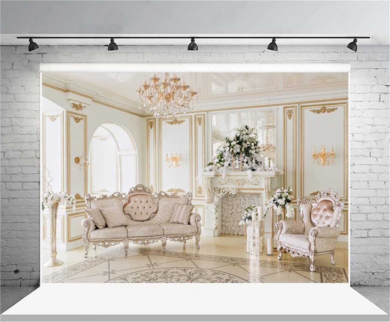 AOFOTO 8x6ft Luxury Indoor Furnishing Backdrop Chandelier Chair Mantel Flower Photography Background Adult Portrait Aristocratic Interior Decoration Photo Shoot Studio Props Video Drop Wallpaper Drape
