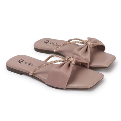 Ladies Hub Fancy Slip-on Slippers Women Stylish Flat Heels Fashion sandals, Embellished Traditional Footwear, Wood Rose - 6UK