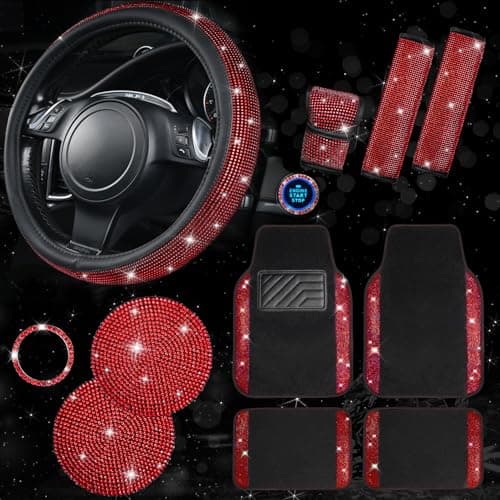 CAR PASS 11 PCS Bling Diamond Car Mats Set for Women Girls Sparkly Rhinestone Steering Wheel Cover Waterproof Floor Mats Universal Fit for SUVVansSedansTrucks AntiSlip Interior Sets Black Red