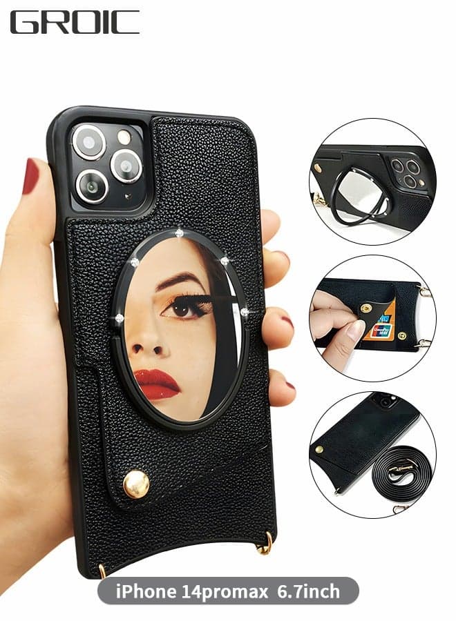 Compatible with iPhone 14 Pro Max 6.7 Inch Mirror Case,Wallet Phone Cover,Leather Phone Case with Oblique shoulder strap,Corner Protection Case Shockproof Design Fashion Luxury Phone Shell