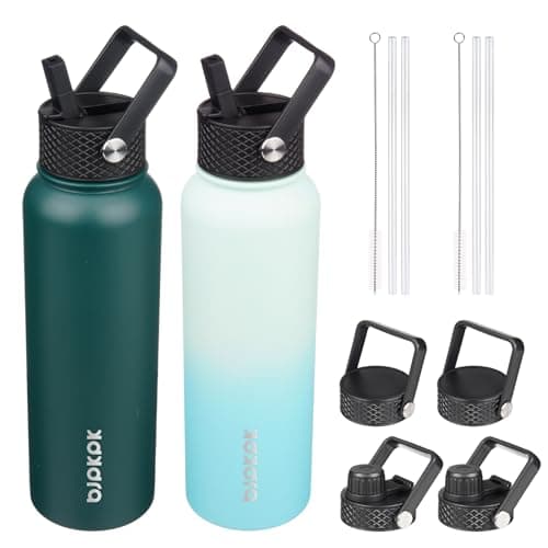 BJPKPK 2 Pack Insulated Water Bottles with Straw Lids, 40ozStainless Steel Metal Water Bottle with 6 Lids, Leak Proof BPA Free Jugs, Cups, Flasks for Travel, Sports (Army Green+Mint)