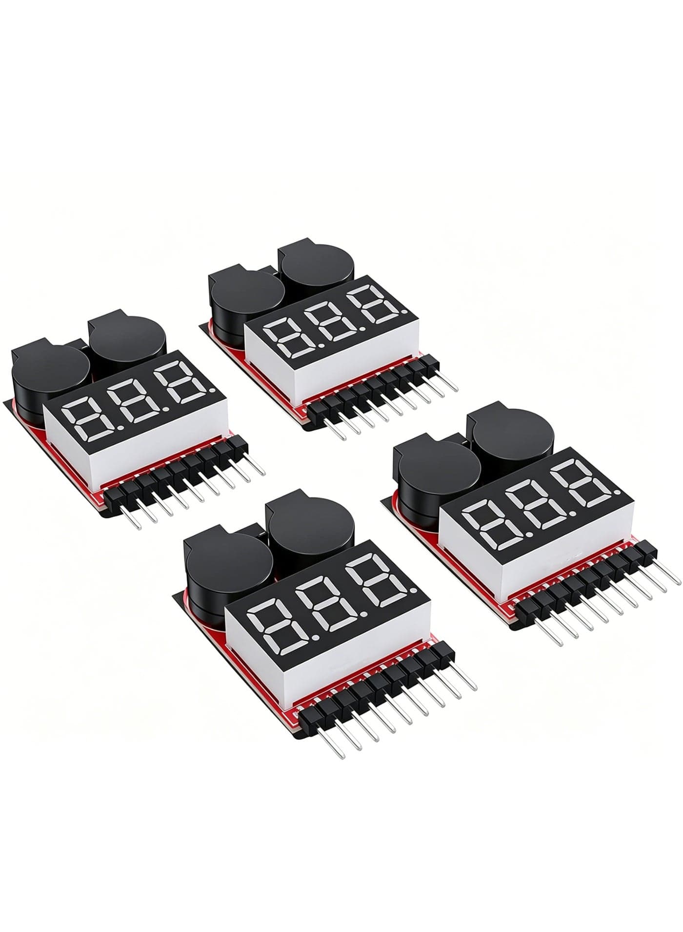 1-8S Lipo Battery Voltage Tester 4 Pack, 2-in-1 RC LiPo Low Voltage Buzzer Alarm with LED Indicator, Battery Monitor Checker for 1-8S LiPo Li-ion LiFe LiMn Cells, High Precision ±0.01V