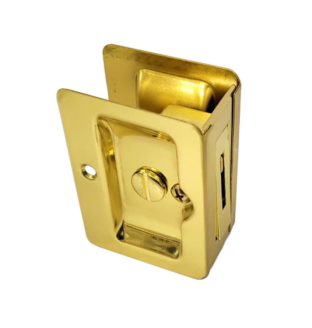 QCAA Premium Quality Solid Brass Rectangular Pocket Sliding Door Pull, Privacy Lock, 3-1/4''X2-1/4'', Polish Brass, 1 Pack, Made in Taiwan
