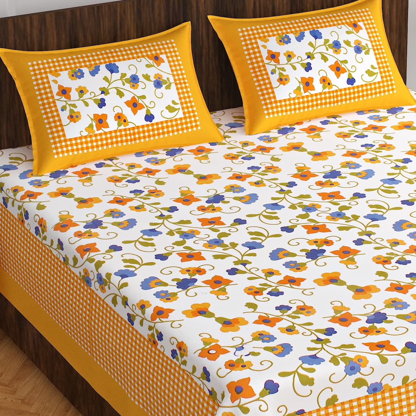 EarlyMart Cotton Rajasthani Jaipuri Traditional Floral King Size Double Bedsheet with 2 Pillow Covers Yellow3