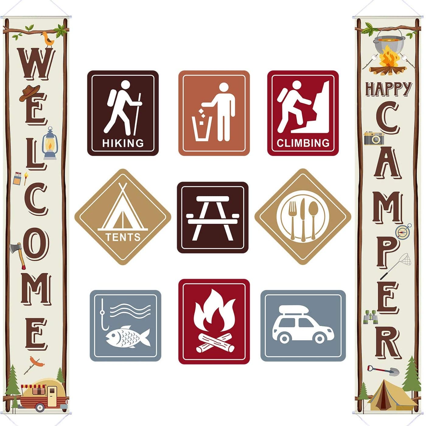 Blulu Camping Themed Party Decorations Set Big Size Laminated Sign Cutouts Camping Party Banner Welcome Porch Sign for Themed Birthday Decorations