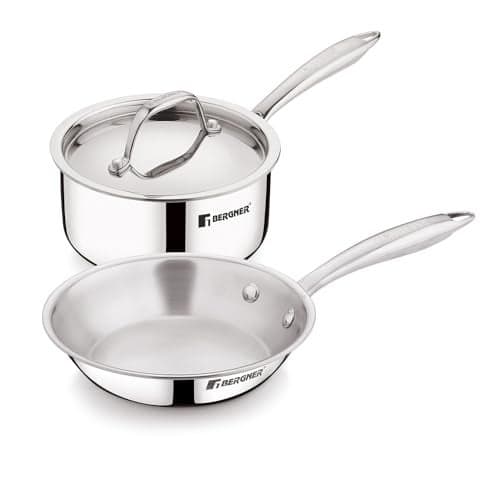 Bergner Argent Junior Chef Triply Stainless Steel Set of 18 cm Frypan and 12 cm/0.8 Ltr Saucepan with Stainless Steel Lid, Durable Handles, Mirror Finish, Induction Base and Gas Ready, 5-Year Warranty