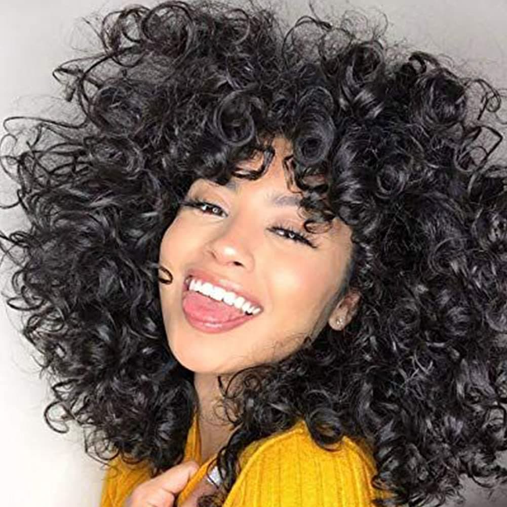 andromeda Short Curly Wigs for Black Women Soft Black Curly Wig with Bangs Fluffy Curls Synthetic Hair Wig Loose Curly African American Costume Cosplay Half Wigs Black
