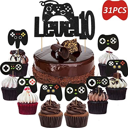 Festiko®31 Pieces Video Gaming Party Level up 10th Cake Cupcake Toppers Game on Controller Boy Happy Birthday Cake Decoration Party Favors