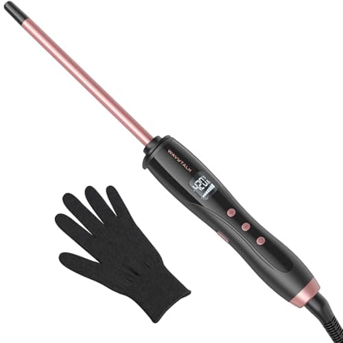 Wavytalk 3/8 Inch Small Curling Iron Wand for Short & Long Hair, Ceramic Barrel with Adjustable Temperature, Heat Resistant Glove Included (Rose Pink)